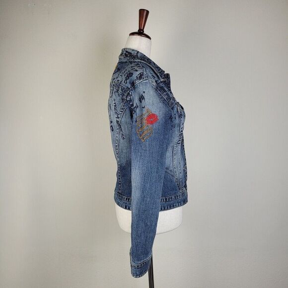 Rocawear Jacket Womens Medium Blue Denim Jean Trucker Y2K Urban Hip Hop Graffiti - Picture 2 of 6